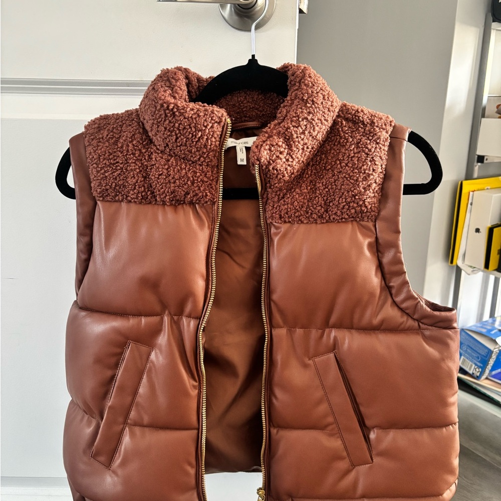 Brown Puffer Vest with Sherpa Collar